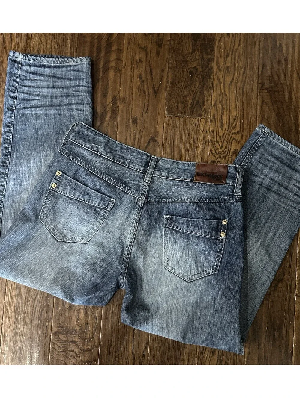 Express Blue Denim Jeans Slim Fit crop Leg Low Rise Button Fly Pockets